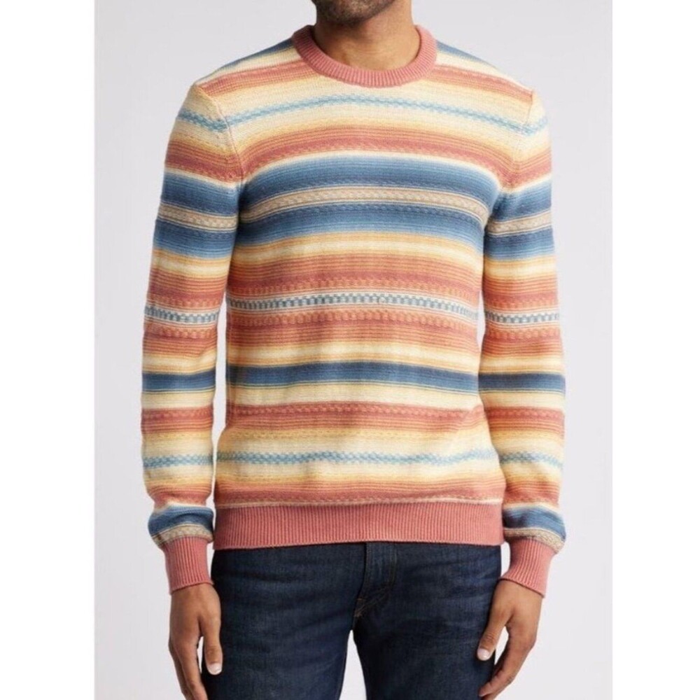 Faherty Stripe Crewneck Sweater Organic Cotton Cashmere Textured Knit Large